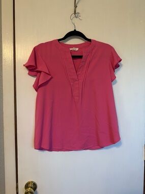 mine Pink Ruffle Sleeve V-Neck Blouse